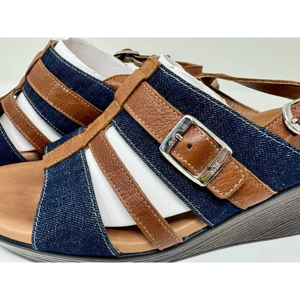 SAS Layla Brie Strappy‎ Denim Jean & Leather Wedge Sandal Shoe Size 10 M